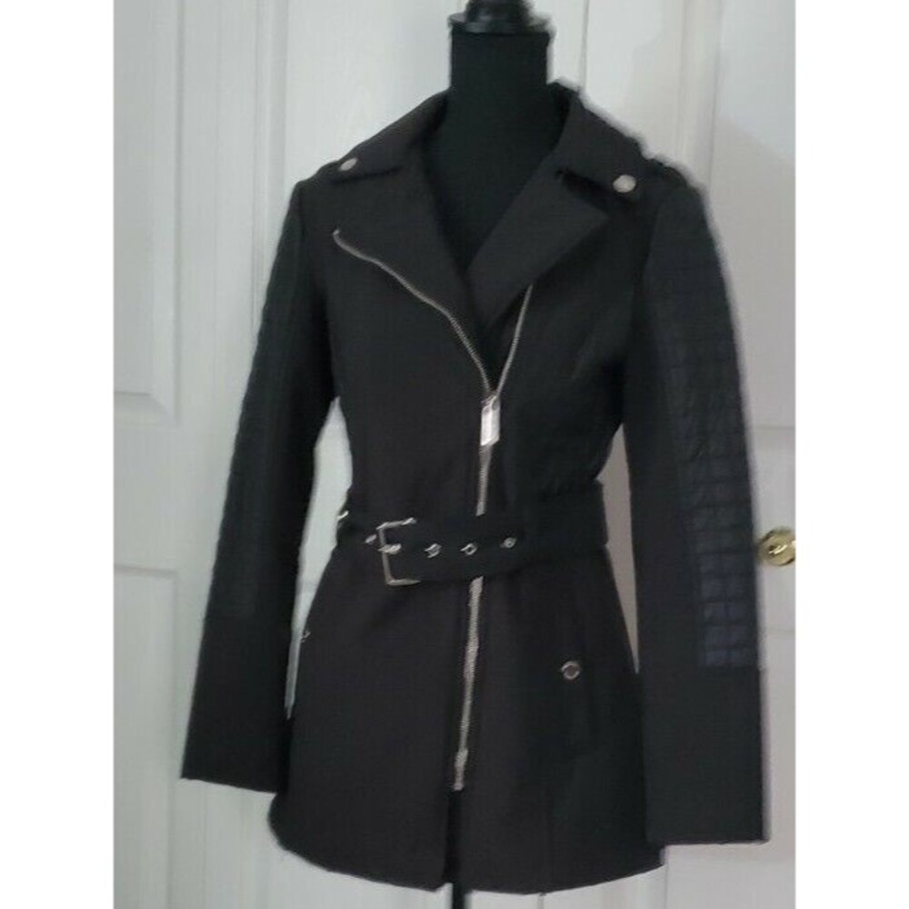 Michael Kors Womens Black Quilted Coat Full Zip Belted pockets Jacket SZ S EUC
